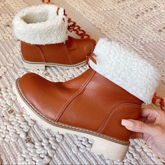 Shoes - Faux Leather Shearling Trimmed Tawny Brown Boots